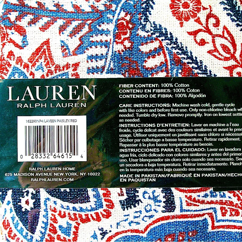 RALPH LAUREN LAVEEN PAISLEY/RED SET OF 4 NAPKINS NWT COTTON 20 BY 20